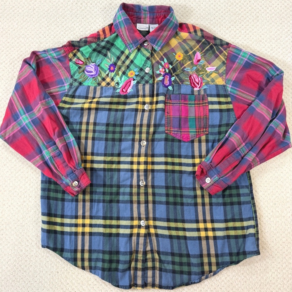 Patchwork Flannel Shirt VTG 90s Women LG Embroider Plaid Floral Maximalist Boho